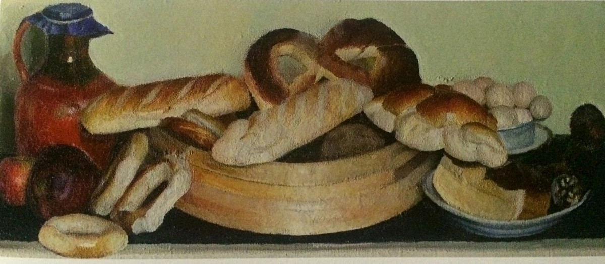 ウラジーミル・ヴェイスベルク。パン（篩の中のパン、粘土のジョッキ）。1950年。画布、油彩。40х100。