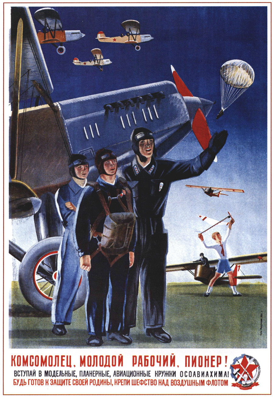 6. ¡Miembro del Komsomol, joven trabajador, pionero! ¡Únete a los clubes de aviación de OSOAVIAJIM! Prepárate para proteger a tu país, aumenta tu apoyo a la flota aérea