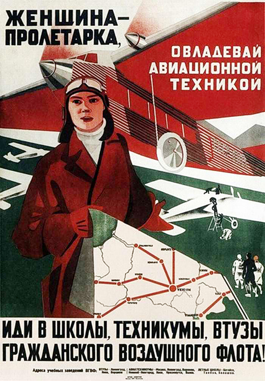 10. ¡Mujer proletaria, especialízate en aviación! ¡Únete a las escuelas, colegios y universidades técnicas de la flota aérea civil!