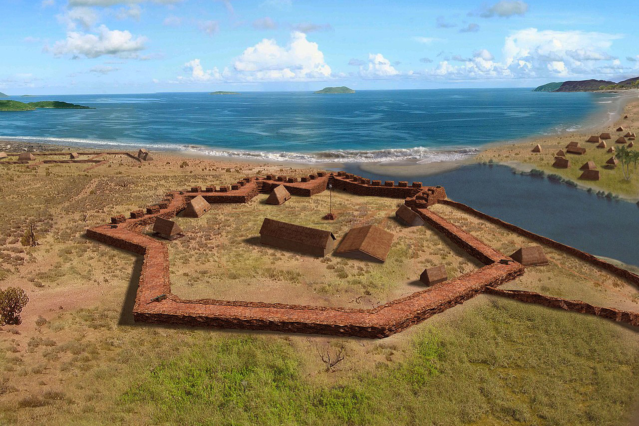 View on the fort Elizabeth (Kauai, Hawaii) from a bird's eye view. Reconstruction by Alexander Molodin and Peter R Mills, 2015