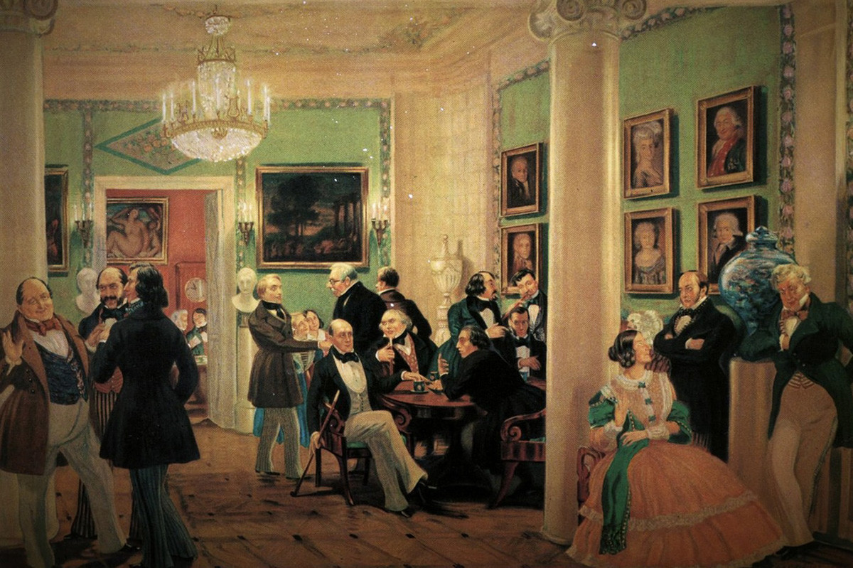 ‘Na sala de estar de Moscou, na década de 1840’. Pintura de Borís Kustódiev.