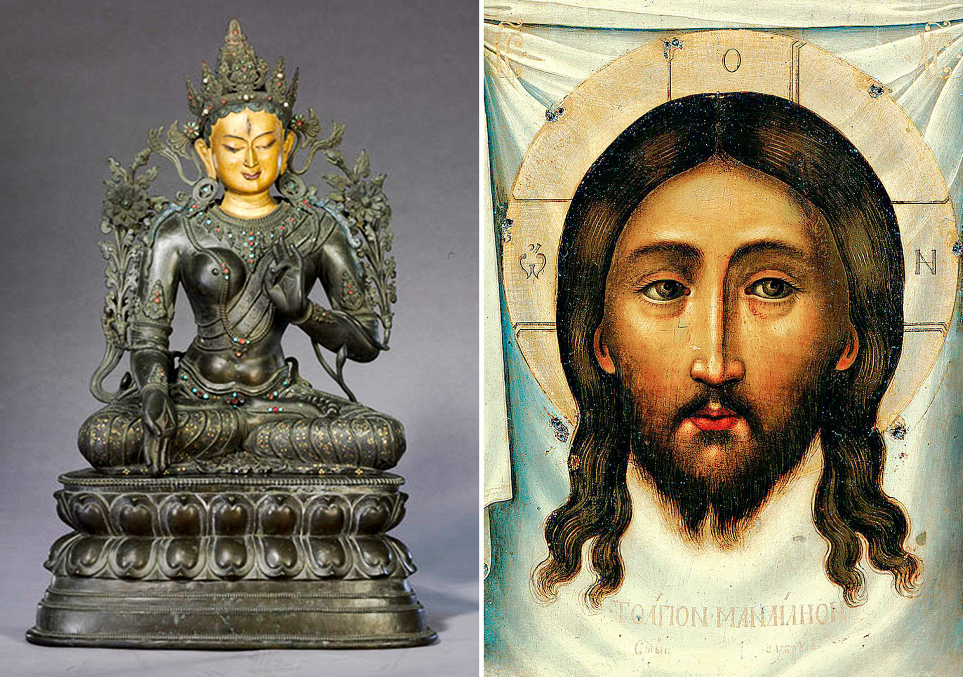 Слева: Статуя Белой Тары. Эпоха Цин, правление Цяньлун (1736–1796). Справа: Спас нерукотворный. Симон Ушаков. 1677