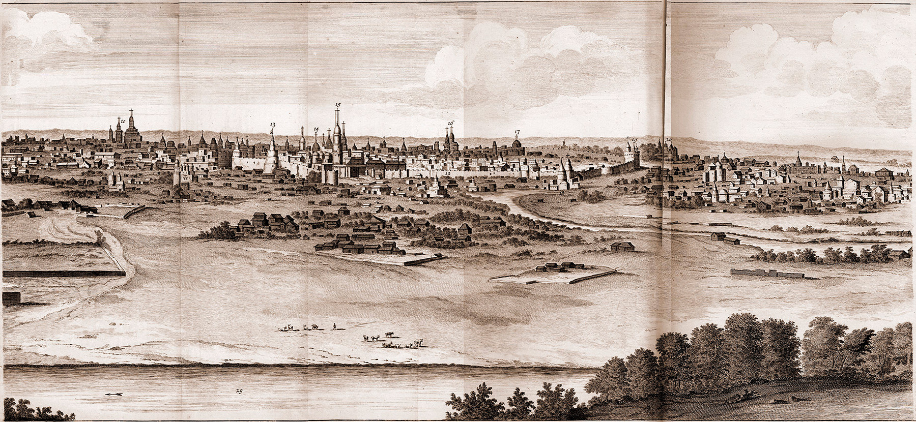 雀が丘からモスクワを一望したもの。1702年の絵がもとになった版画は1714年に出版。