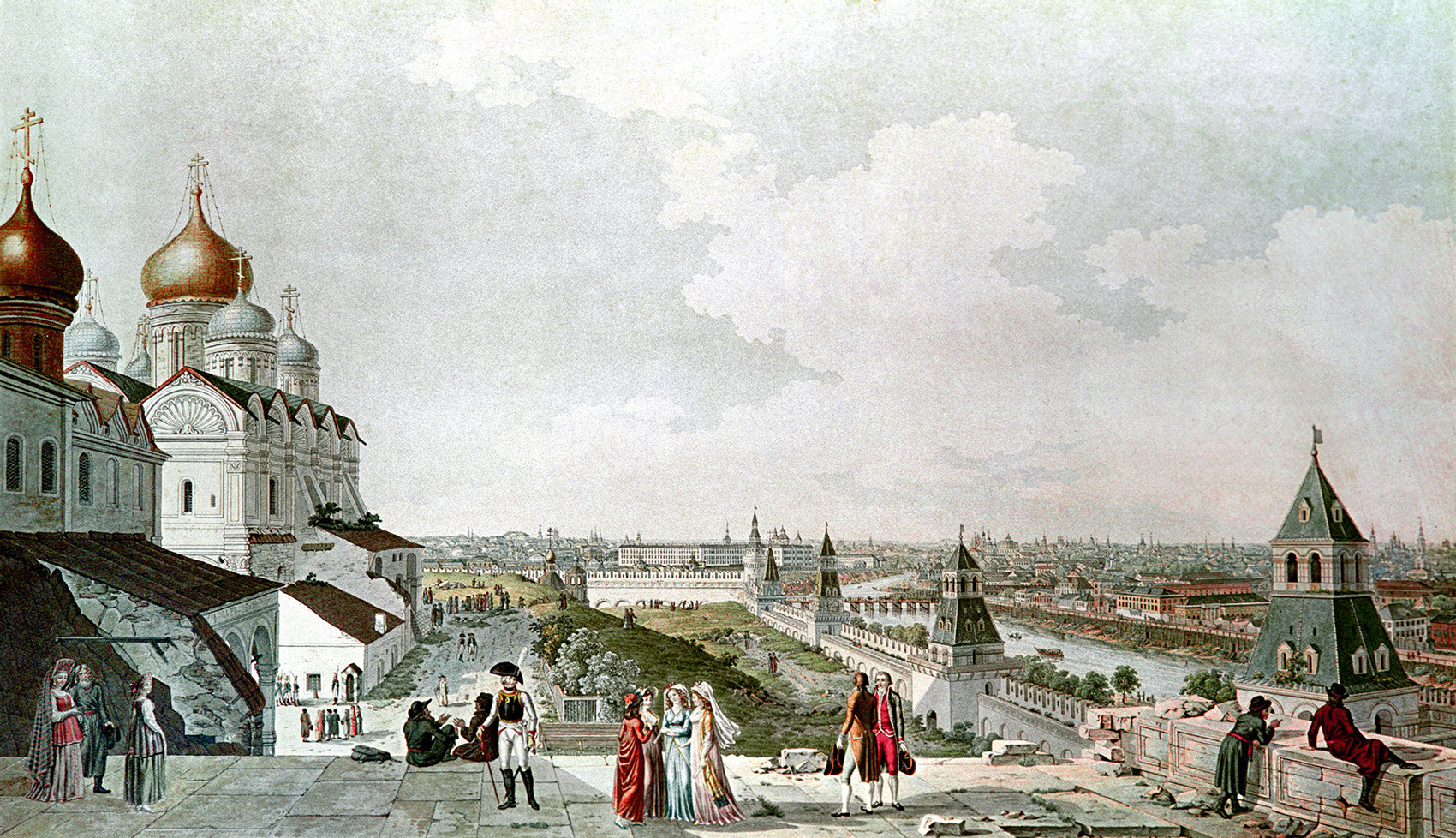 1800年代、ジェラール・デラバルトの絵画のもとで不明な画家によって作られた版画。皇帝の宮殿のバルコニーから見たモスクワの景色。国立歴史博物館、モスクワ。