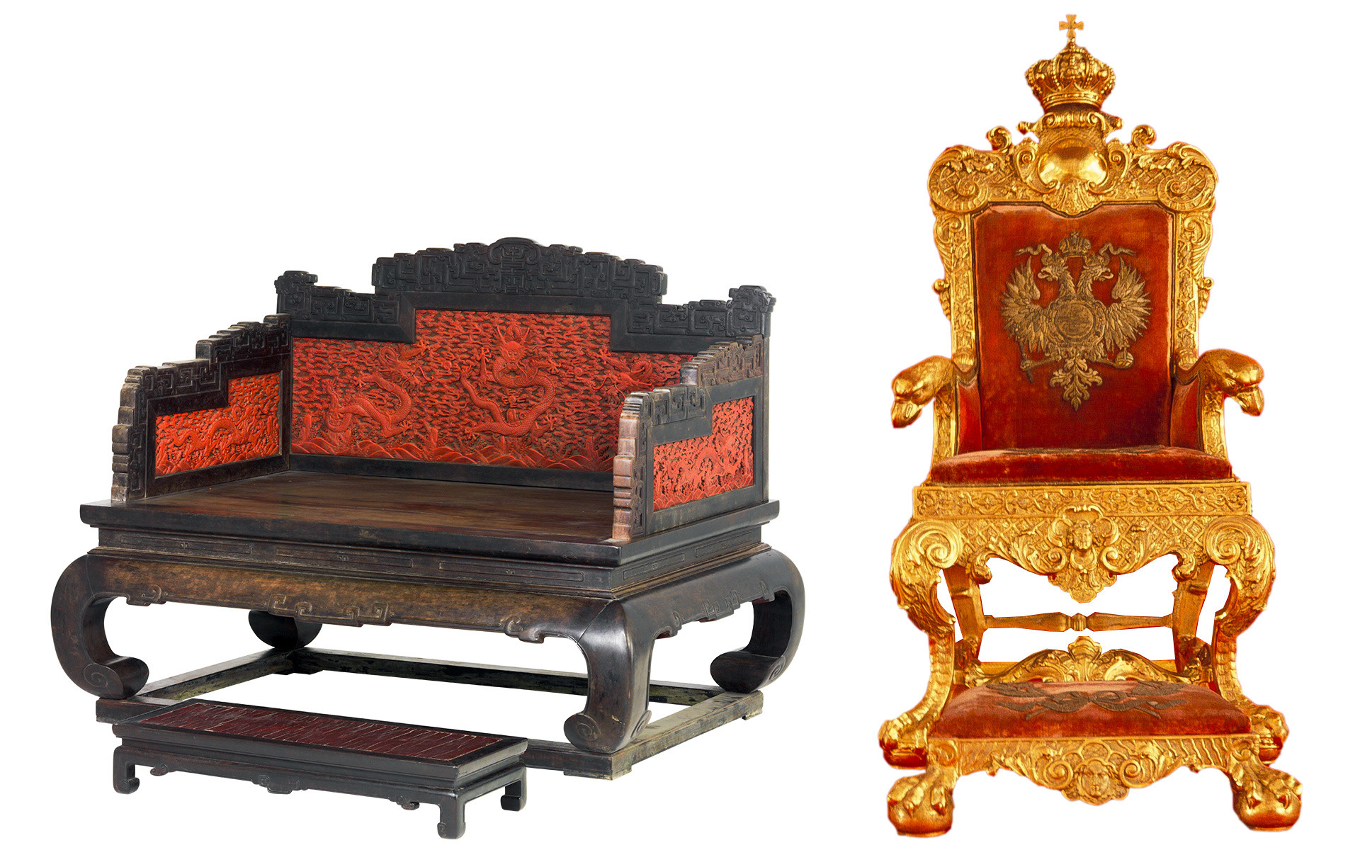 Left: Emperor's throne from the Quing era (1644-1912). Right: The throne of Paul I of Russia.