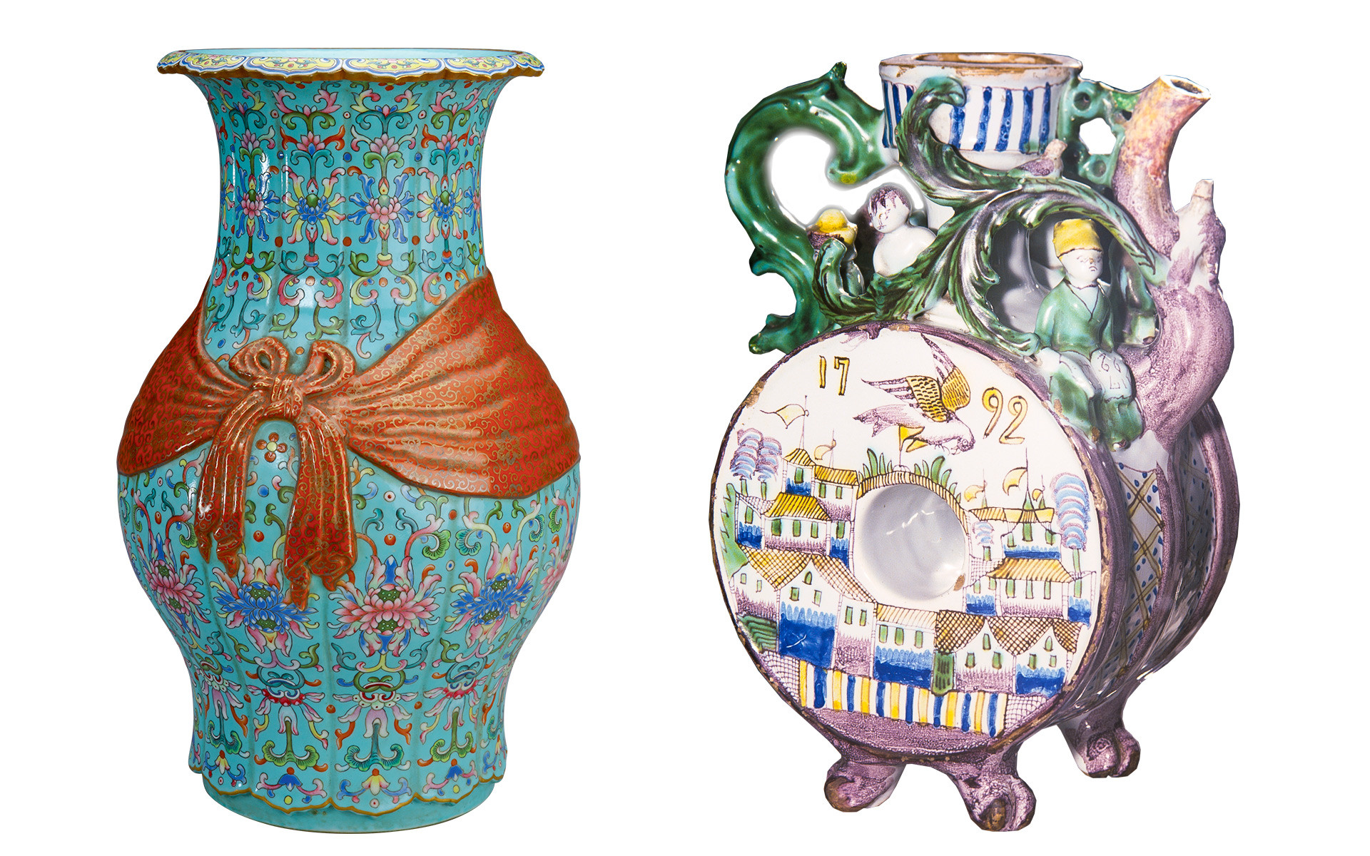 Left: Chinese Baofu vase of the Quing era, Qianlong period.
Right: Russian Gzhel jug, 18th century.