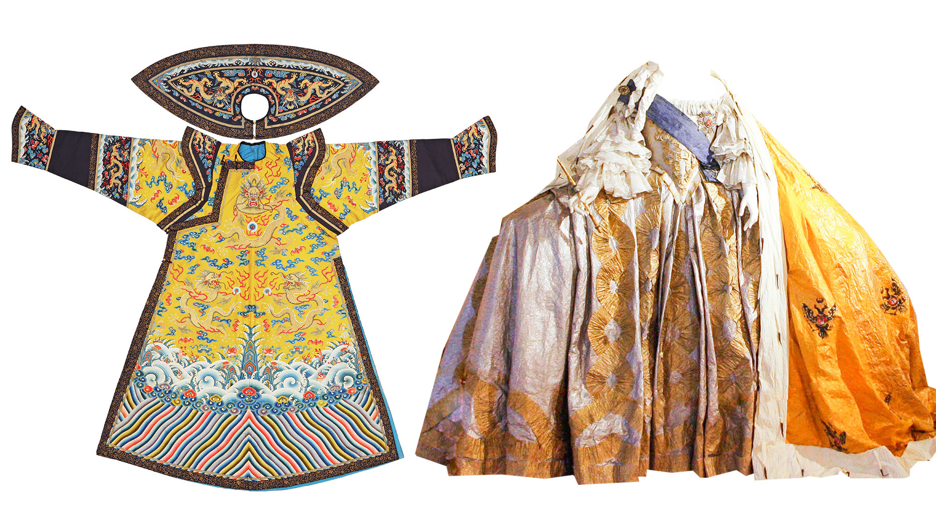 Вляво: роклята на императрицата. Династия Цин. Вдясно: одежди от коронясване  (най-вероятно на Елисавета Петровна)
