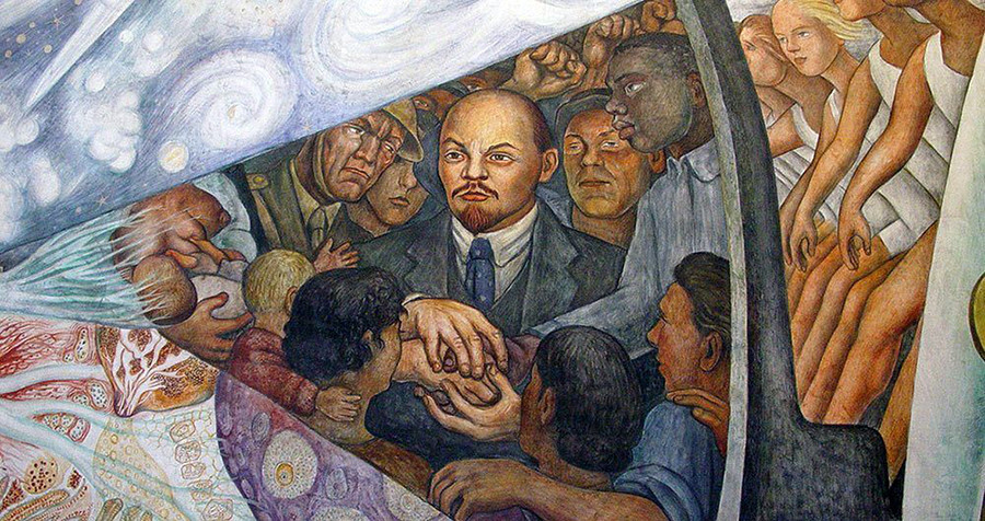 Lenin mit den Arbeitern vom Gemälde „Der Mensch kontrolliert das Universum“