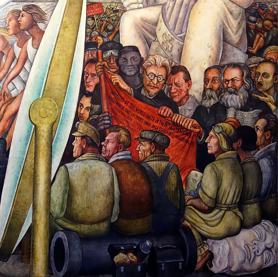 Trotzki, Engels und Marx vom Gemälde „Der Mensch kontrolliert das Universum“