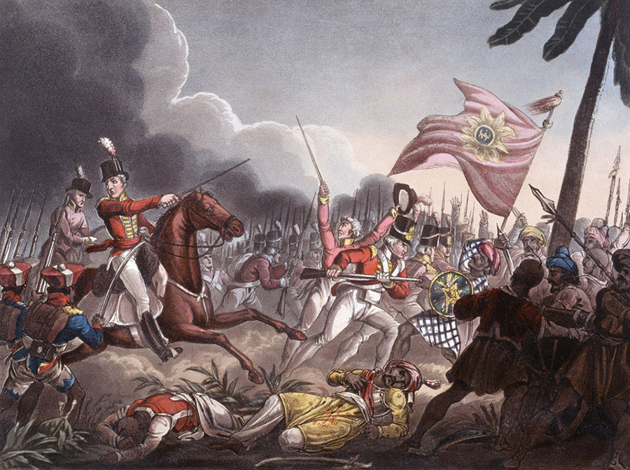 Tropas da Companhia das Índias Orientais na Batalha de Assaye (1803).