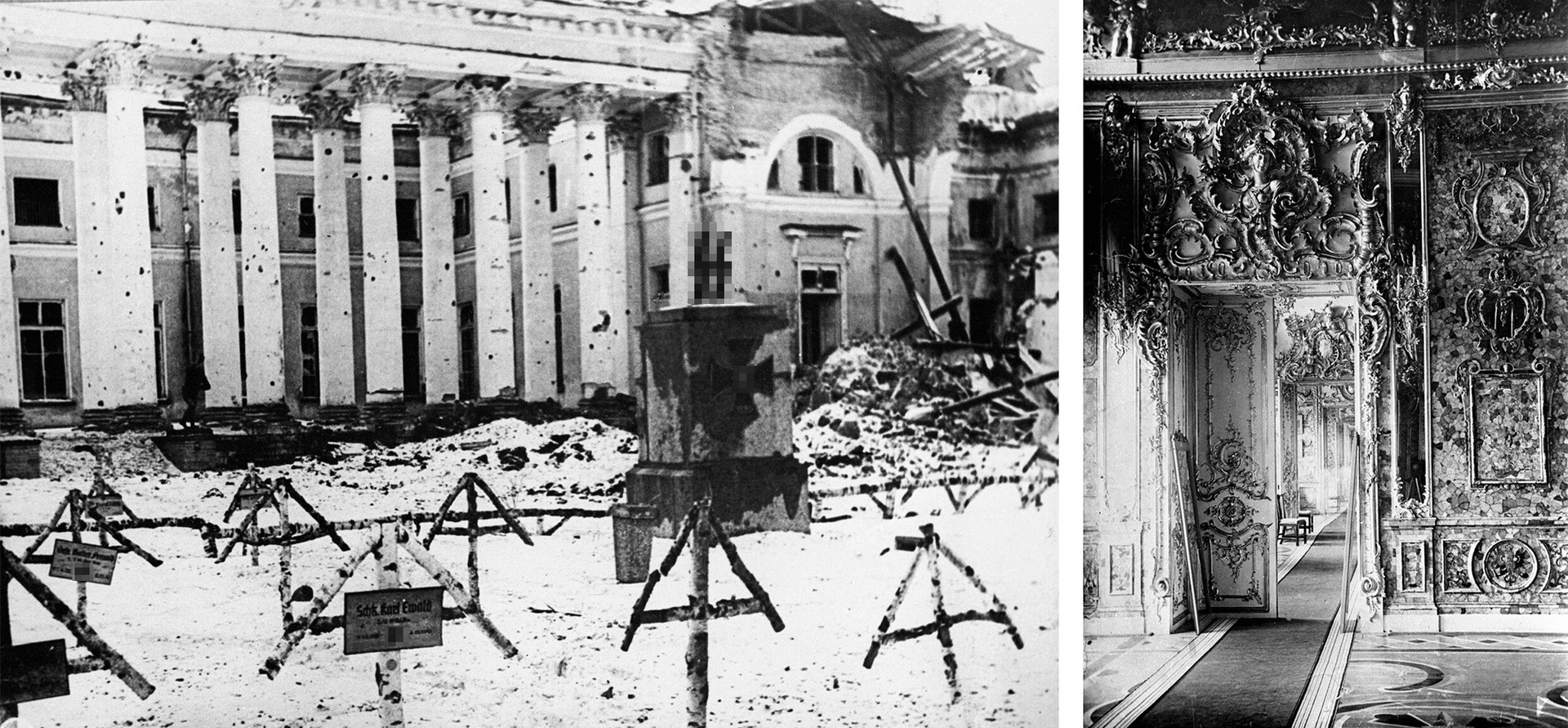 (L) The Alexander Palace in Tsarskoe Selo, near Leningrad (now St. Petersburg) after the liberation of the town by the Soviet troops; (R) The Amber Room of Catherine Palace before World War II