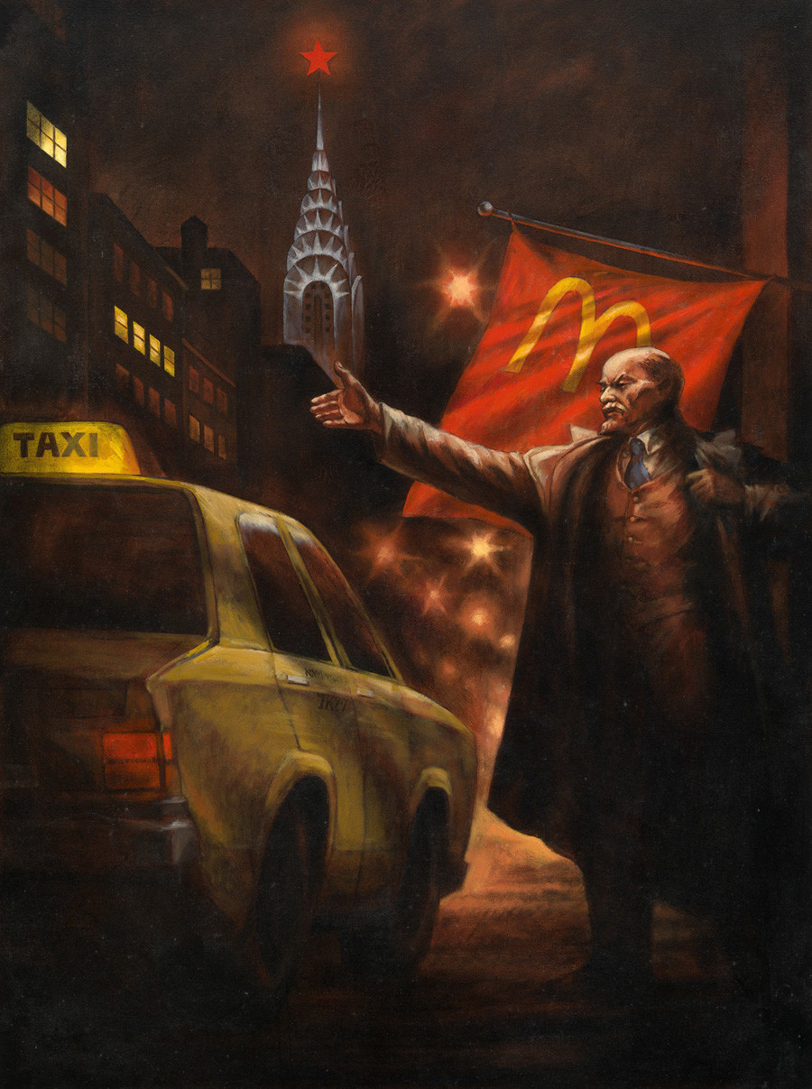«Ленин ловит такси в Нью-Йорке».  Из серии «Ностальгический соцреализм», 1993