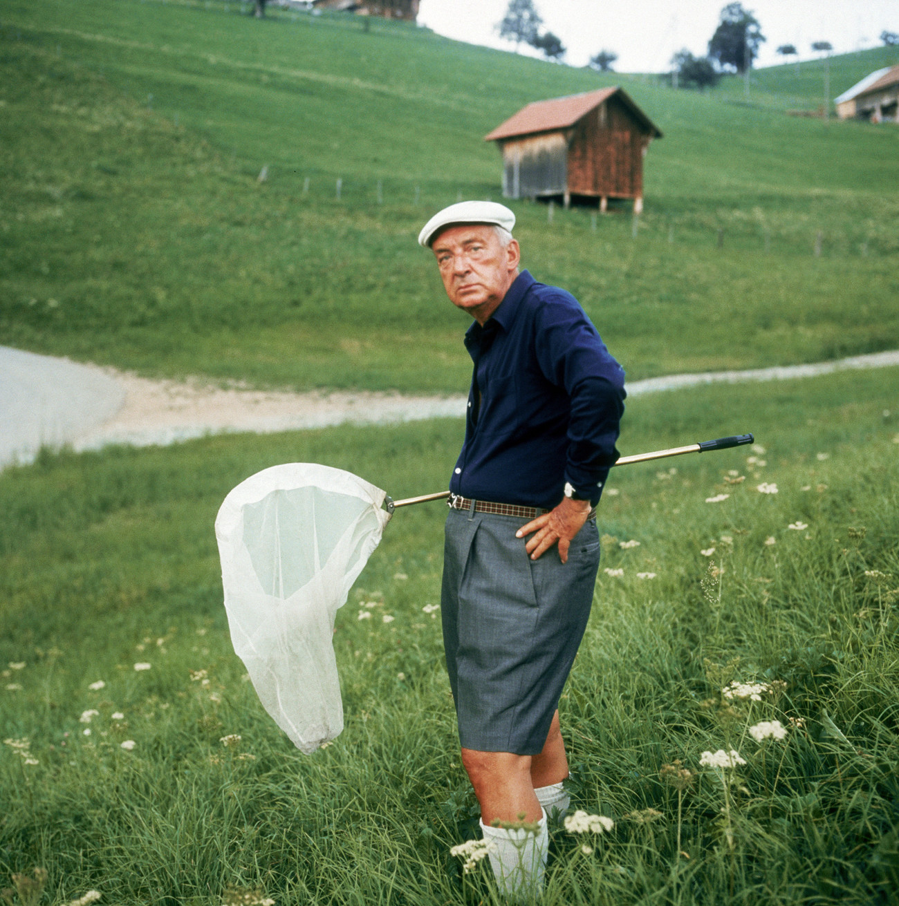 Nabôkov com rede de caçar borboletas na Suíça, por volta de 1975. 