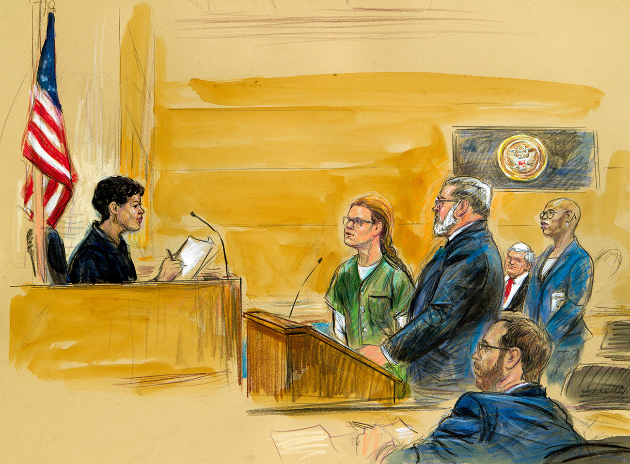 На скици суђења приказана је Марија Бутина са својим адвокатом Робертом Дрисколом пред окружним судијом у четвртак 13. децембра 2018.