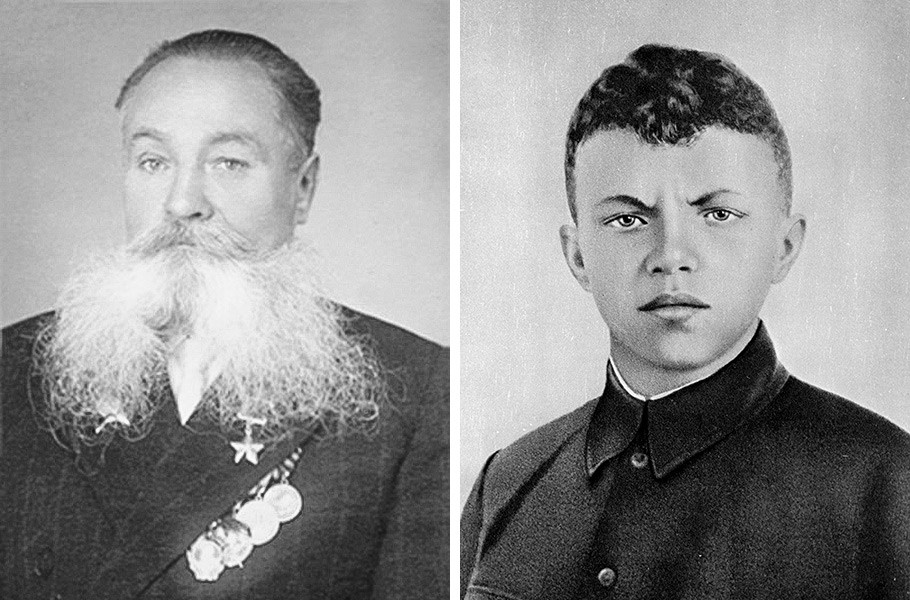 ソ連邦英雄アレクセイ・オツタヴノフ（左）と死後のソ連邦英雄、アレクサンドル・マトローソフ（右）。
