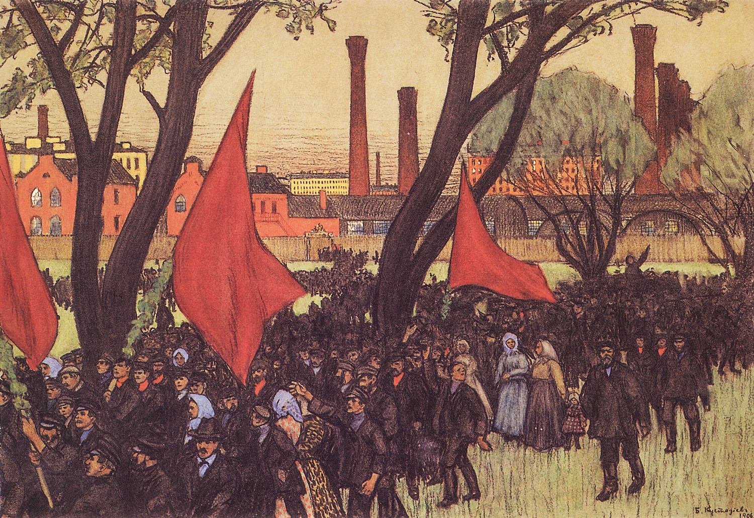 Protesto de 1º de maio em 1906, retratado pelo artista russo Boris Kustodiev
