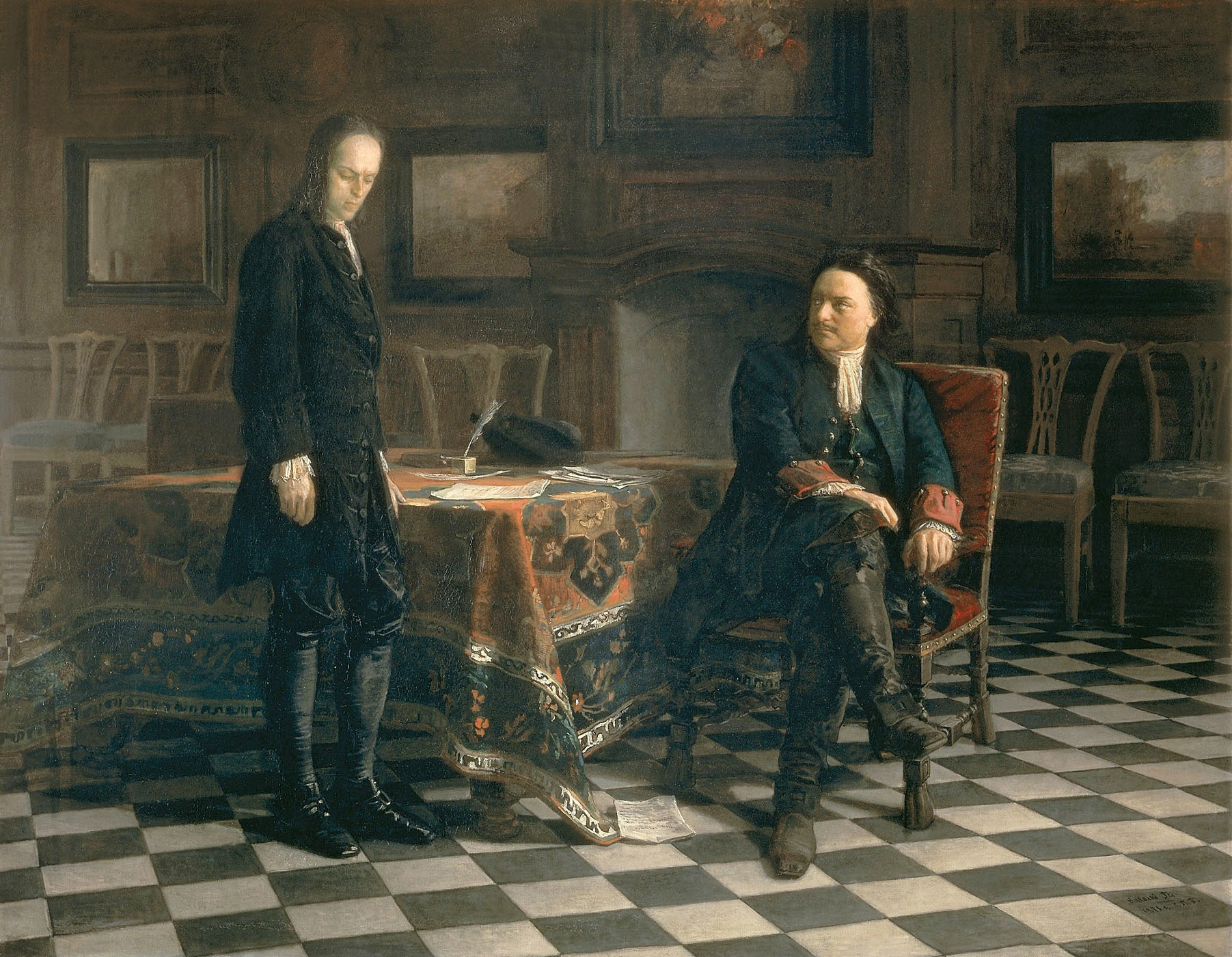“Pedro, o Grande, interroga seu filho Aleksêi”. Pintura de 1871 de Nikolai Gue. 