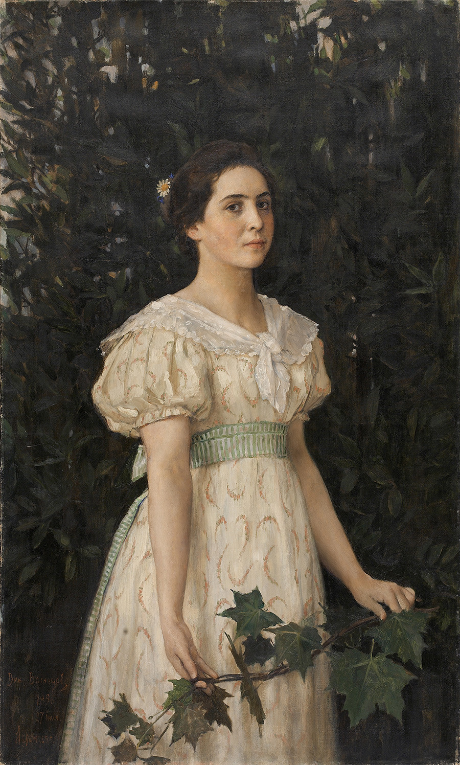 “Garota com um ramo de bordo” (1886), retrato de Vera Mámontova pintado por Víktor Vasnetsov.