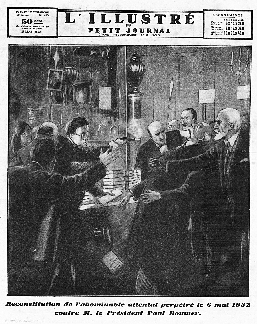 ポール・ドゥメール大統領の暗殺。フランスの新聞「Lillustre du petit journal」の第一面、1932年。