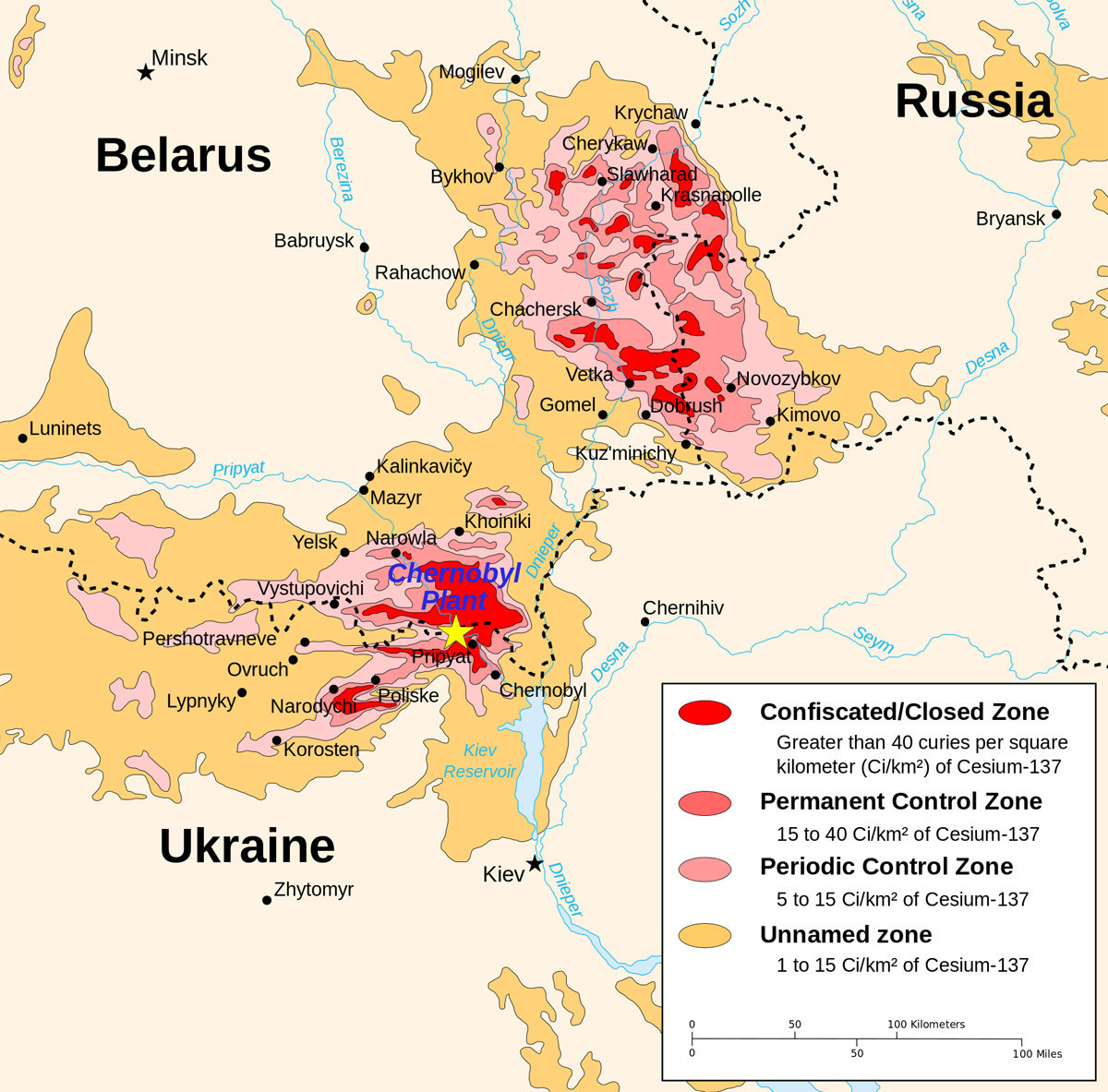 Zemljevid kontaminiranega območja (rdeče = popolnoma zaprta območja)