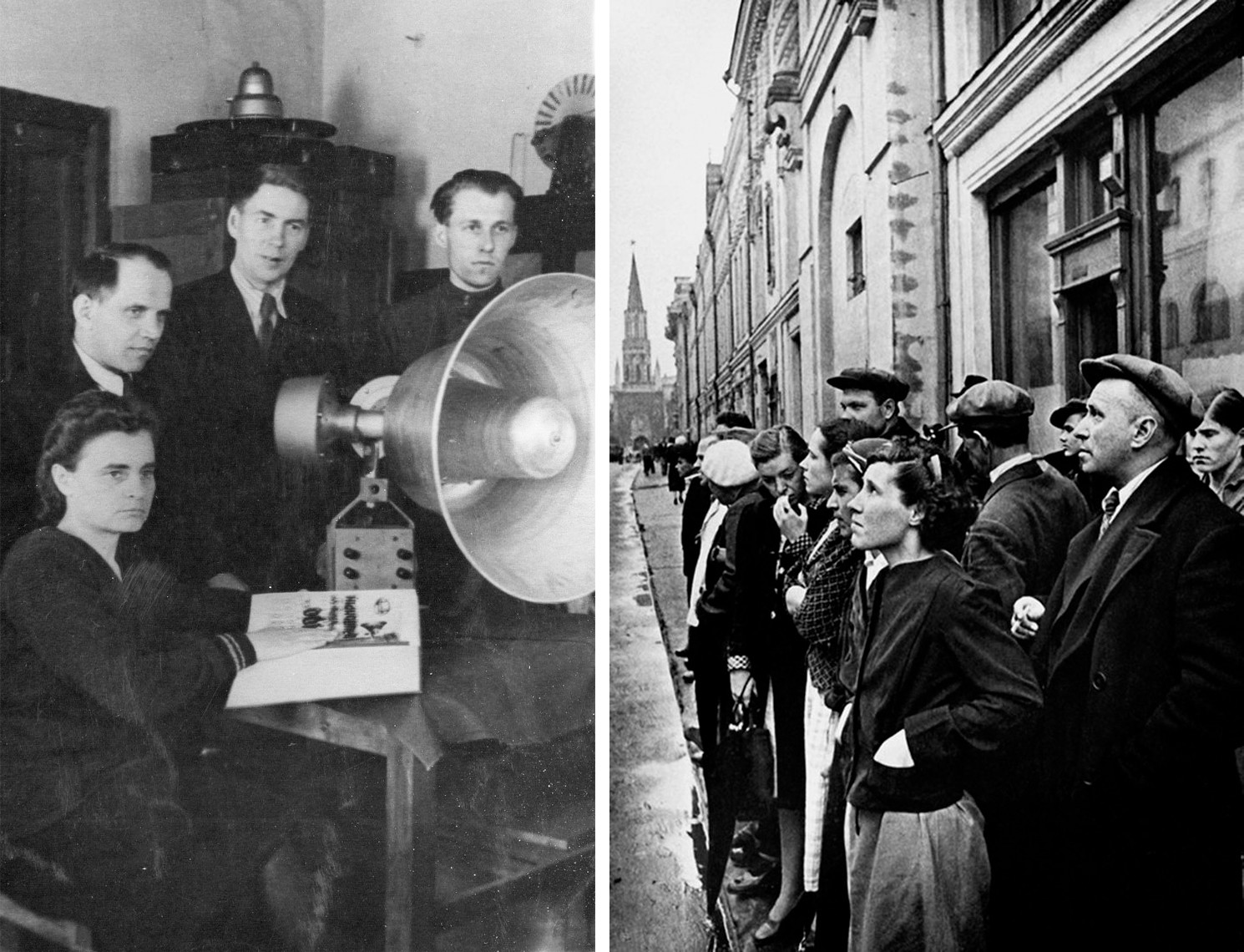 Слева: рупорные громкоговорители; справа: объявление о начале Великой Отечественной войны, Улица 25-го Октября (Сейчас Никольская)