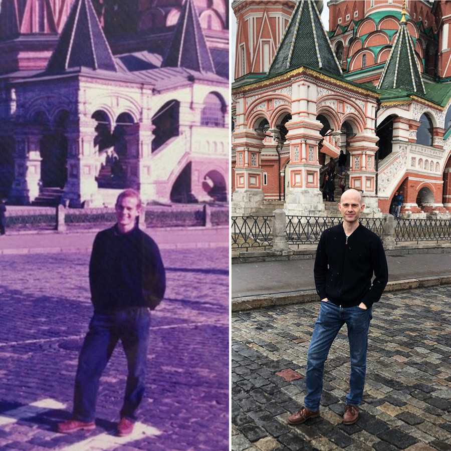 Andrew Byron on Red Square. L - early 1990s, R - 2019