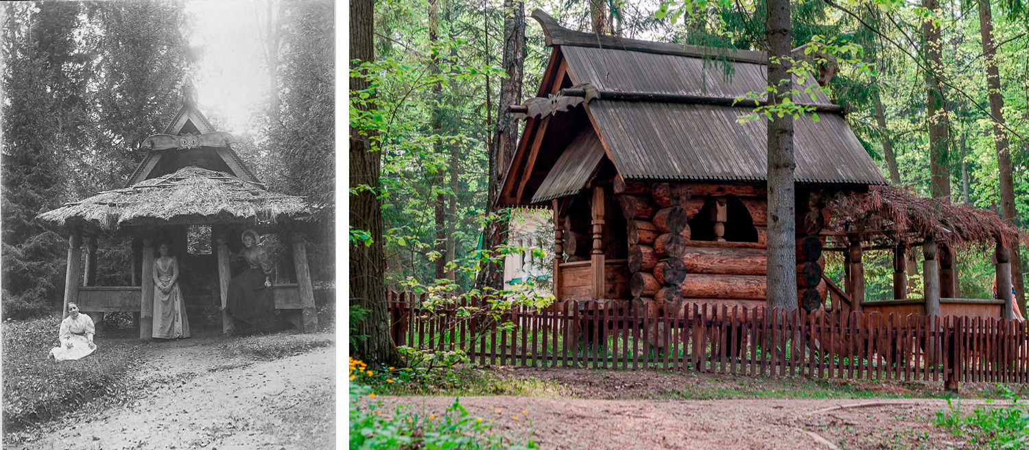 「鶏脚の農民小屋」。この小屋のデザインはスラヴの民話に基づき、1883年に芸術家ヴァシリー・ヴァスネツォフのプロジェクトを踏まえて建設された。(1900年代と現代)