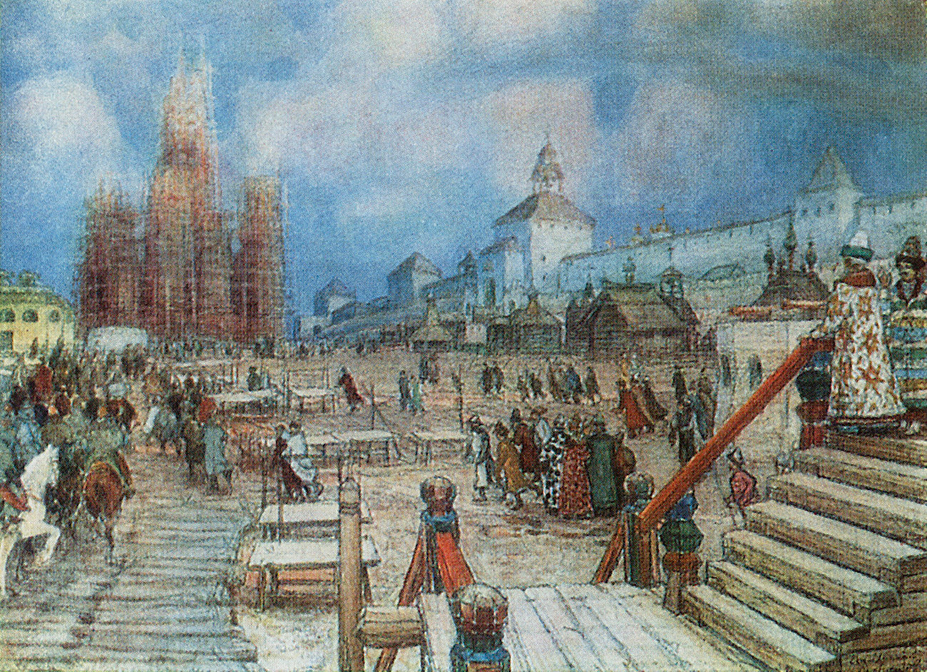 Lukisan “Lapangan Merah pada masa pemerintahan Ivan yang Mengerikan” karya Appolinary Vasnetsov. Pada lukisan itu, Katedral St. Basil tampak sedang dibangun.