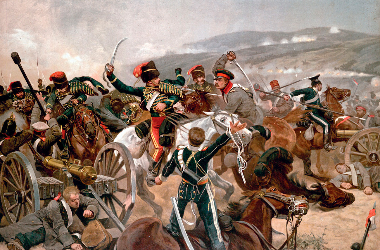 Pertempuran Balaclava 1854, selama Perang Krimea. Inggris dan Prancis bertempur bersama Turki melawan tentara Rusia.
