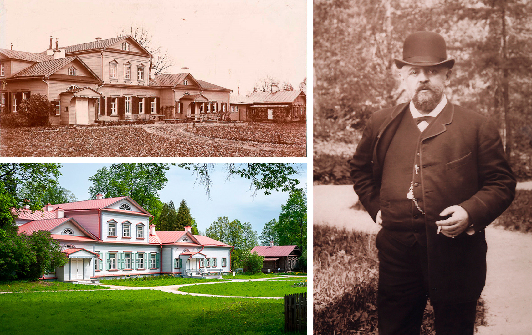 Casa principal (no topo esquerdo, nos anos 1900; abaixo, na atualidade) e, à dir., Sávva Mámontov.