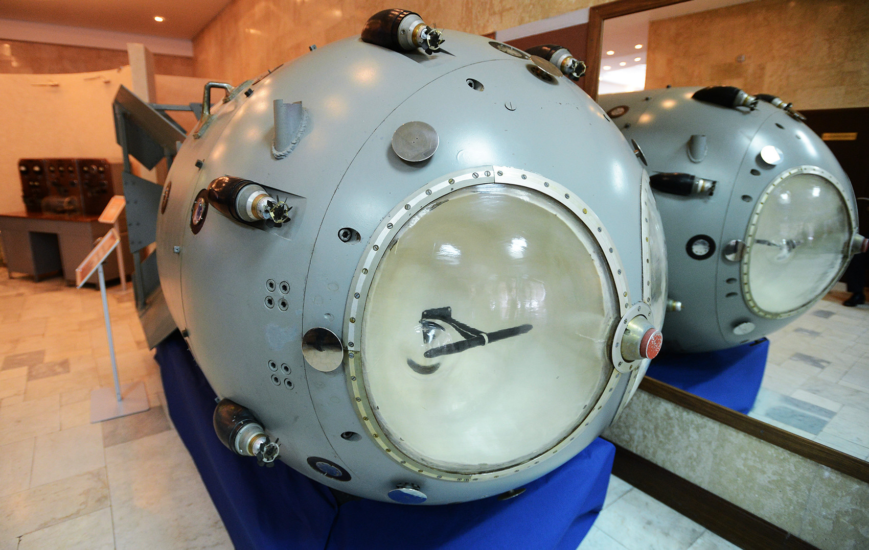 The model of the first Soviet nuclear bomb RDS-01 exhibited at the Russian Federal Nuclear Center – All-Russian Scientific Research Institute of Experimental Physics (RFNC-VNIIEF)  in Russia's Sarov.