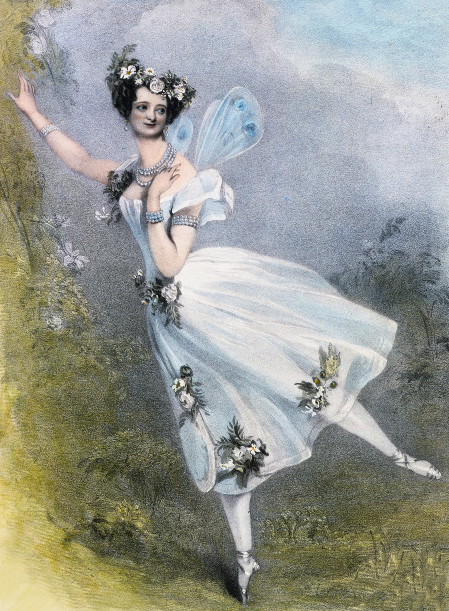 Marie Taglioni sebagai Flore dalam balet Charles Didelot Zephire et Flore. Litograf tangan berwarna , sekitar 1831.