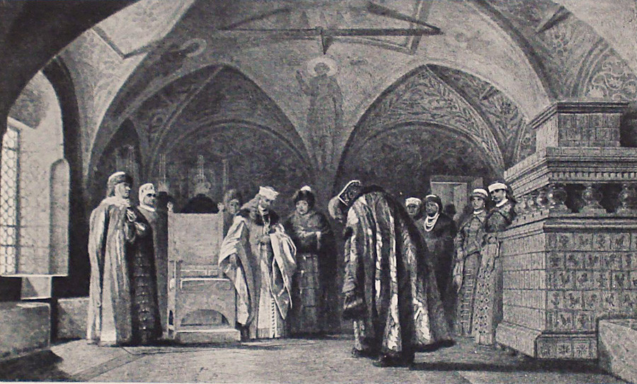 'A tsar's bride being installed as a tsarina,' an engraving  by Vyacheslav Schwarz.