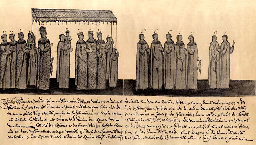 Tsarina dan pengiringnya selama upacara, ukiran abad ke-17.