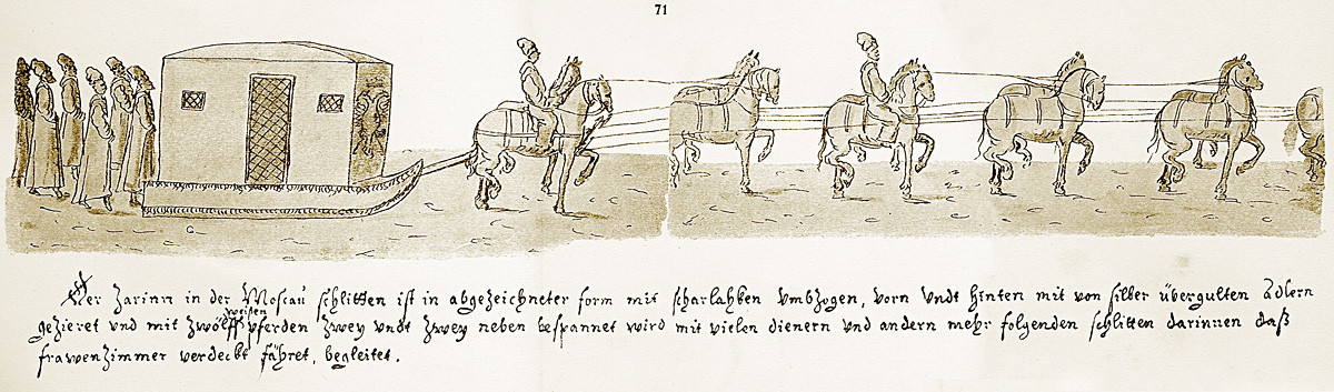 Carruagem e séquito de inverno da tsarina, em gravura do século 17.