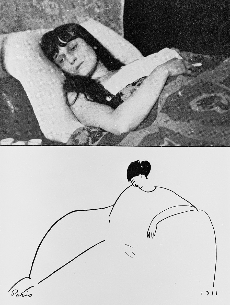 Zgoraj: Ana Ahmatova v postelji (cca. 1920), spodaj: risba Amadea Modigliana (1911)