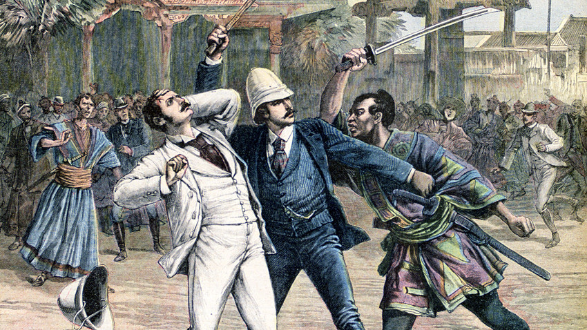 Attempt on the life of Grand Duke Nicholas, by a police officer at Otsu. Attack blocked by Prince George of Greece, a cousin of the Tsarevich. From 'Le Petit Journal', Paris, 30 May 1891