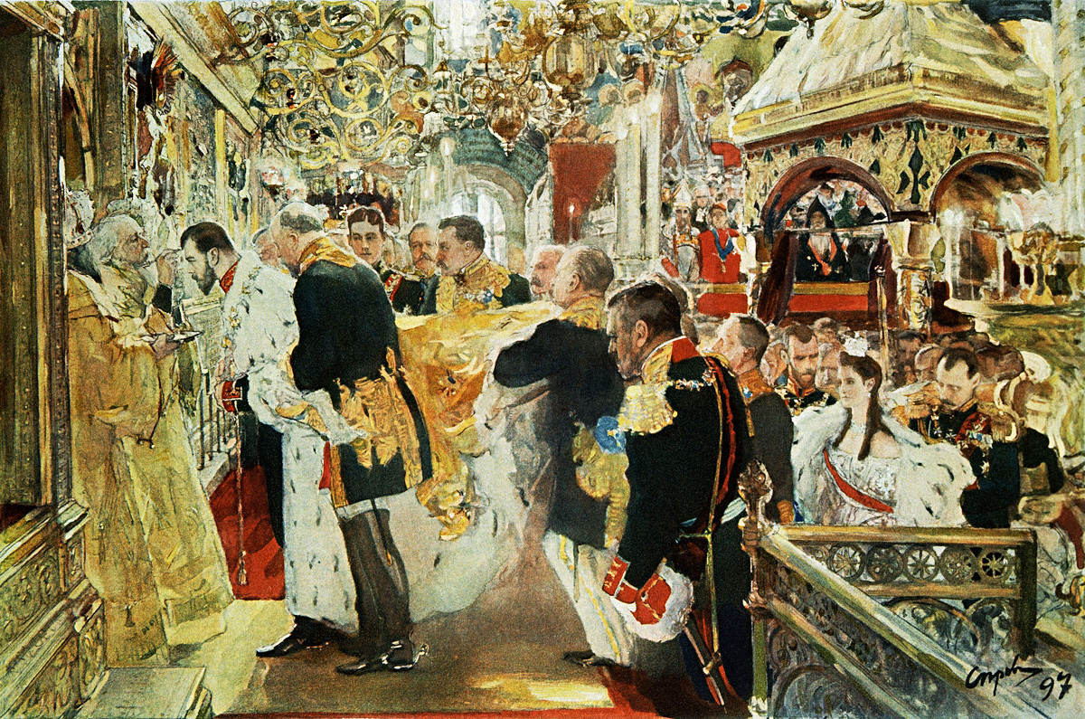 Sacrement de l'empereur Nicolas II dans la cathédrale de la Dormition. Peinture de Valentine Serov