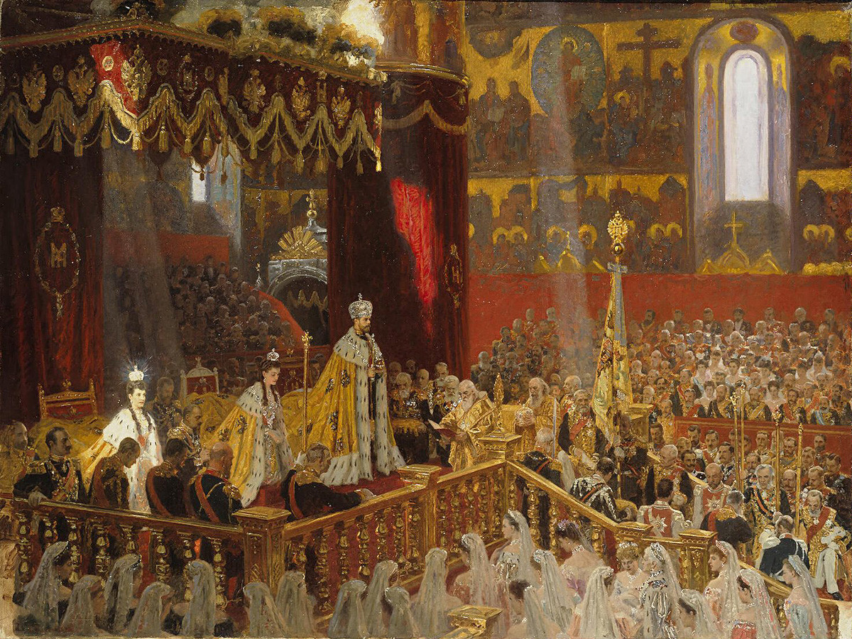 Le couronnement du tsar Nicolas II et de la tsarine Alexandra Fiodorovna. Peinture de Laurits Tuxen 