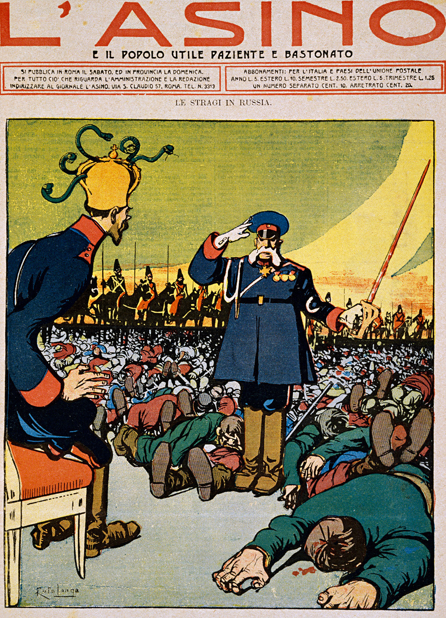 Карикатура „Масакр у Русији“ у часопису L'Asino („Магарац“) посвећена Крвавој недељи. 5. фебруара, 1905.