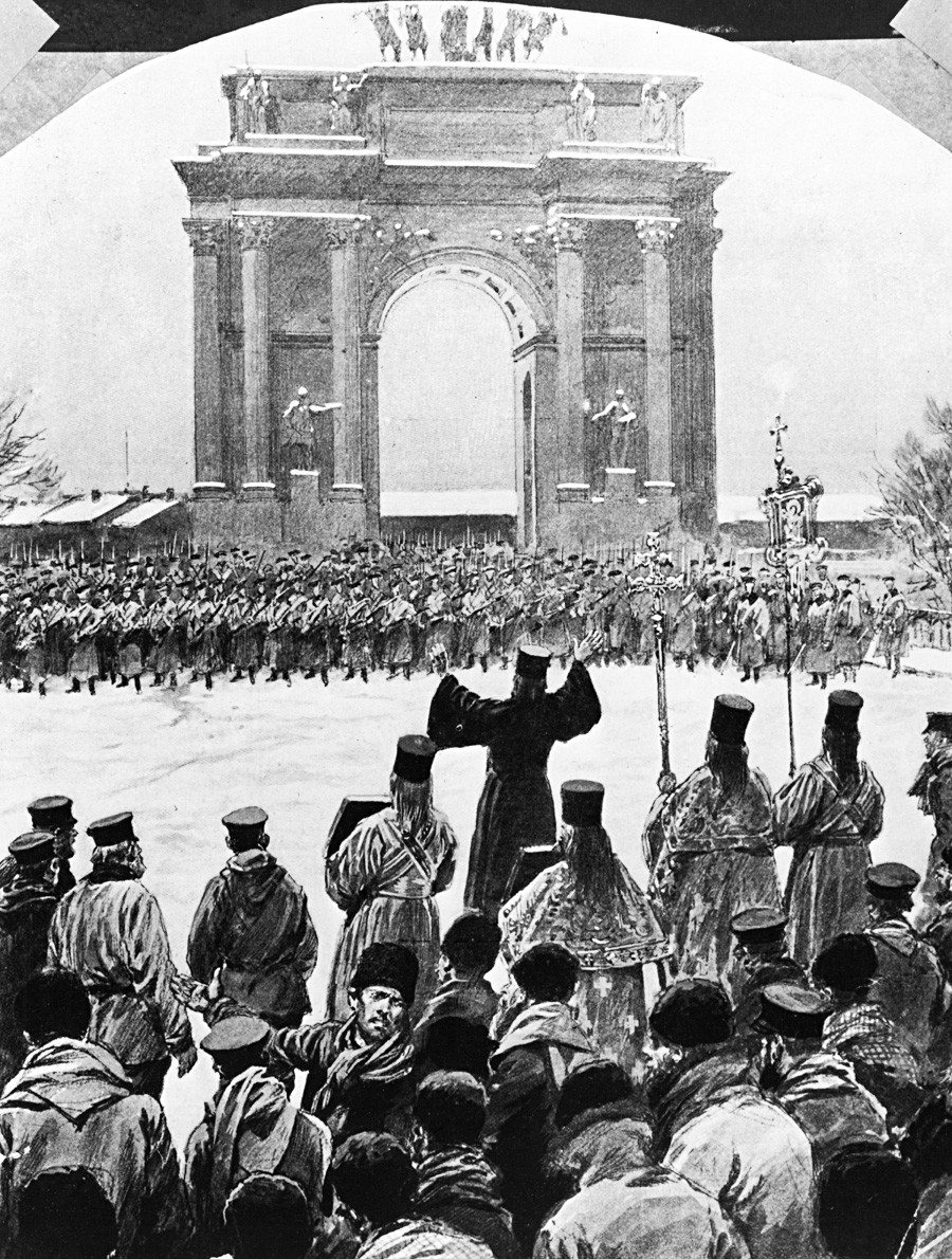 Vojaki stopajo napoti Očetu Gaponu in njegovim kolegom iz gibanja za delavske pravice, 22. 1. 1905