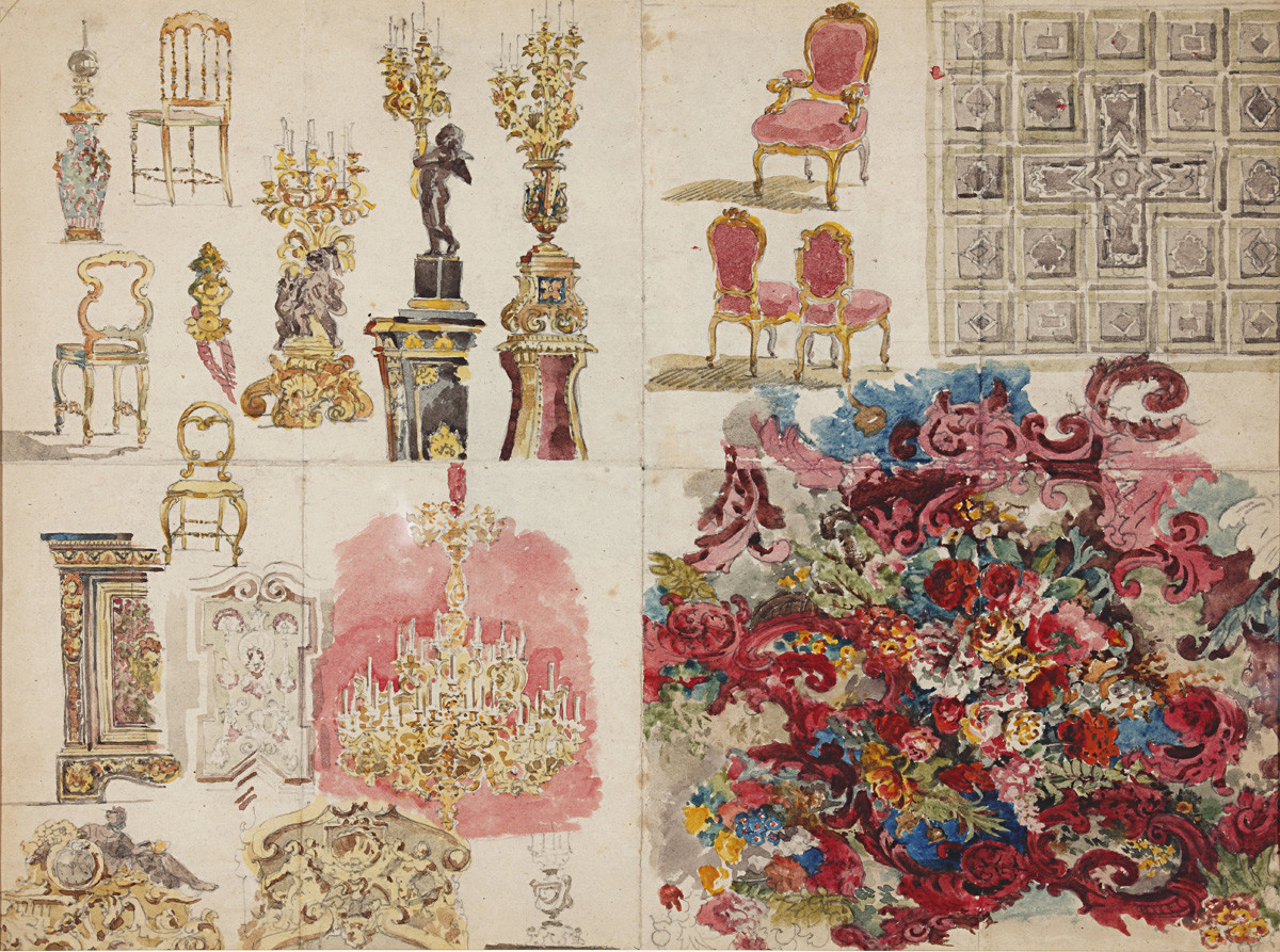 Design of furniture, ceiling, lamps, decorative wall painting with flowers for the Yusupov Palace on the Moika, 1860s. Found in the Collection of State Museum of the History of St. Petersburg