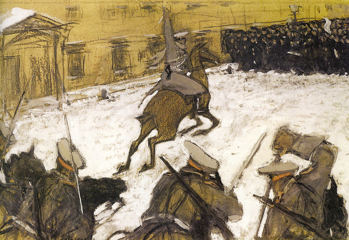 Valentin Serov's painting 'Where is your glory, soldiers?' inspired by the events of the Bloody Sunday.
