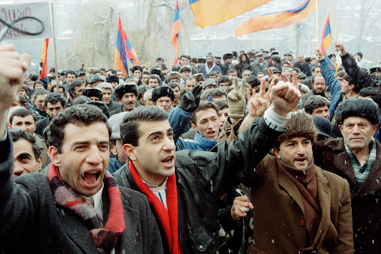 A crowd gathers in Yerevan (Armenia) to protest Azerbaijani actions in the disputed region of Nagorny Karabakh.