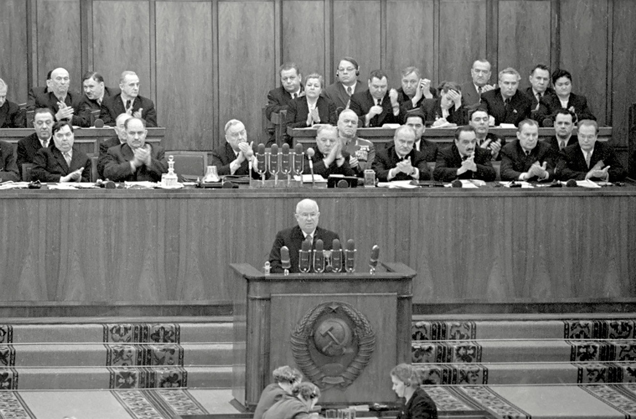 Khrushchev makes a speech at the 20th Congress of the Communist Party of the USSR. 