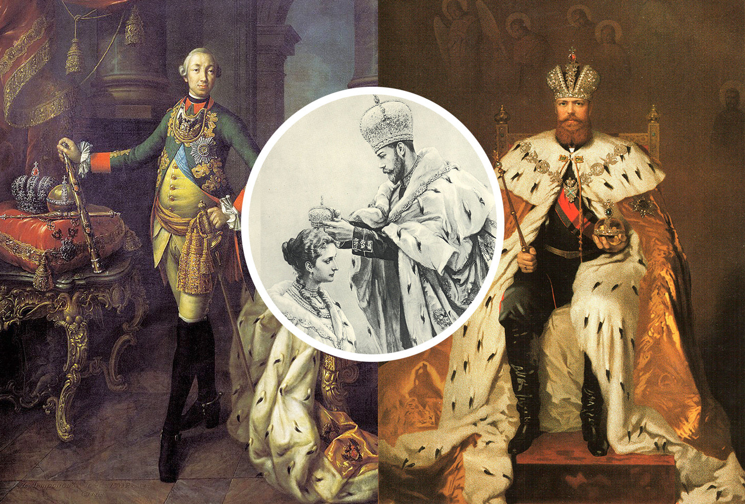 Les empereurs Pierre III et Alexandre III portant la Grande couronne impériale. Au centre, couronnement de Nicolas II et d'Alexandra Fiodorovna, son épouse.
