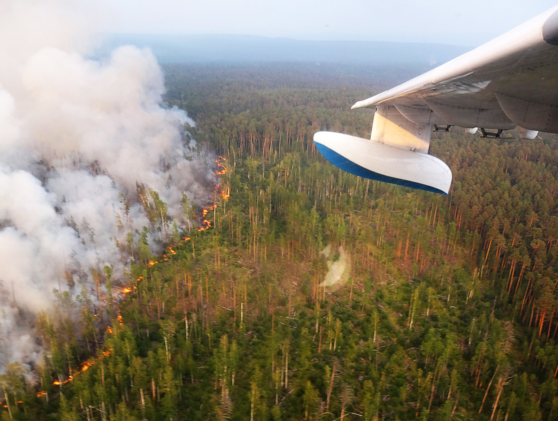 Incêndios florestais na região de Krasnoiársk vistos a partir da aeronave anfíbia Be-200. Só na região de Krasnoiársk, a área de incêndios é de mais de um milhão de hectares.