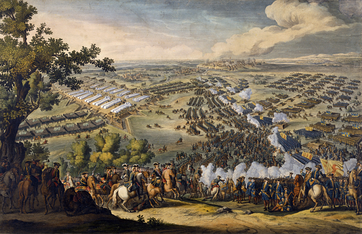 Битката при полтава на 27 юни (2 юли) 1709 година. Гравюра на Ф. Симон по оригинала на Д. Мартен; Исторически музей - Москва