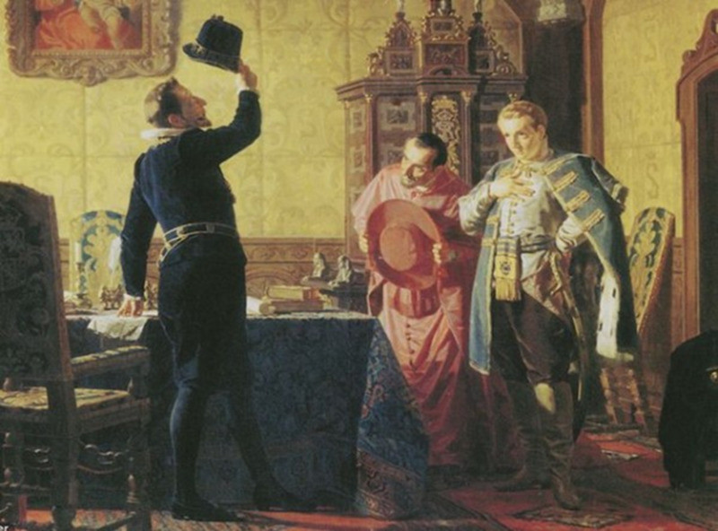 Lukisan karya Nikolay Nevrev: Dimitry I Palsu (kiri), bersumpah pada Sigismund III untuk mengenalkan agama Katolik di Rusia (1874)

