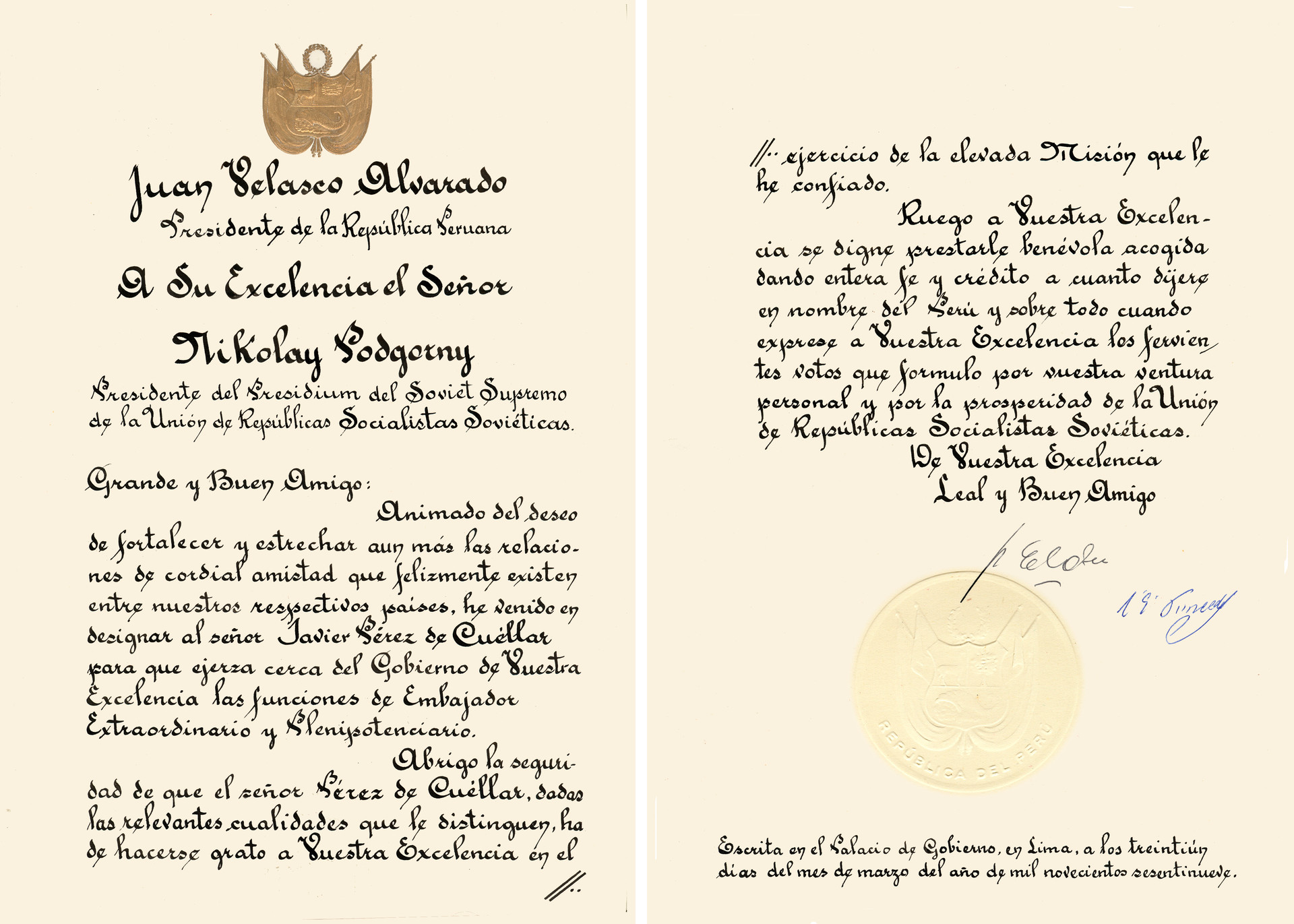 Cartas credenciales del embajador extraordinario y plenipotenciario de Perú en la URSS, Javier Pérez de Cuéllar. 31 de marzo de 1969.